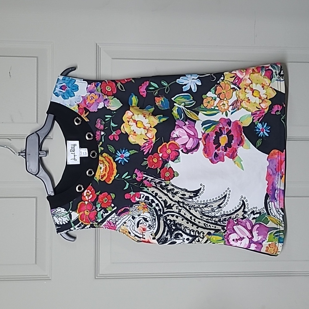 Joseph Ribkoff Floral Garden Sleeveless Blouse Round Neck Grommets 16 EUC